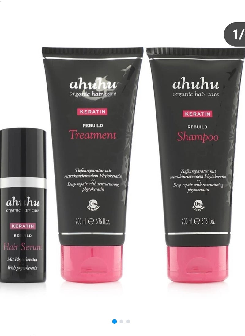 ahuhu organic hair care set (Keratin REBUILD Shampoo + Keratin REBUILD Treatment + Keratin REBUILD Hair Serum)