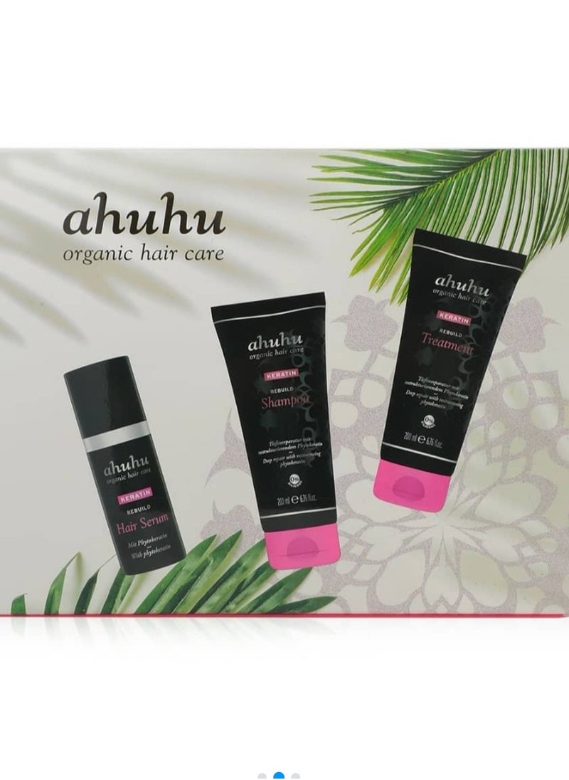 ahuhu organic hair care set (Keratin REBUILD Shampoo + Keratin REBUILD Treatment + Keratin REBUILD Hair Serum)