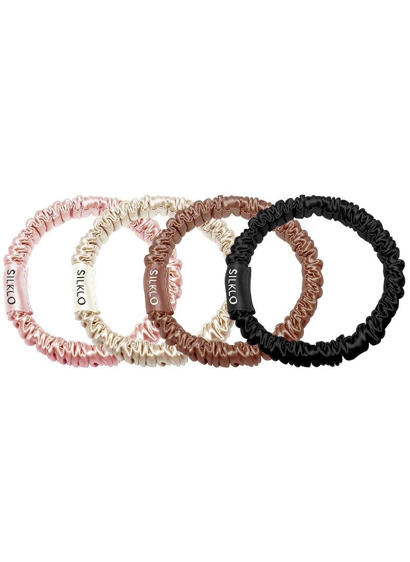 Elaur Silklo Silk Scrunchies, 100% Pure Mulberry Hair Ties 22 Momme Anti Hair Loss No Breakage Anti Crease Anti Frizz 4Pcs (Black, Champagne, Pink, Brown)