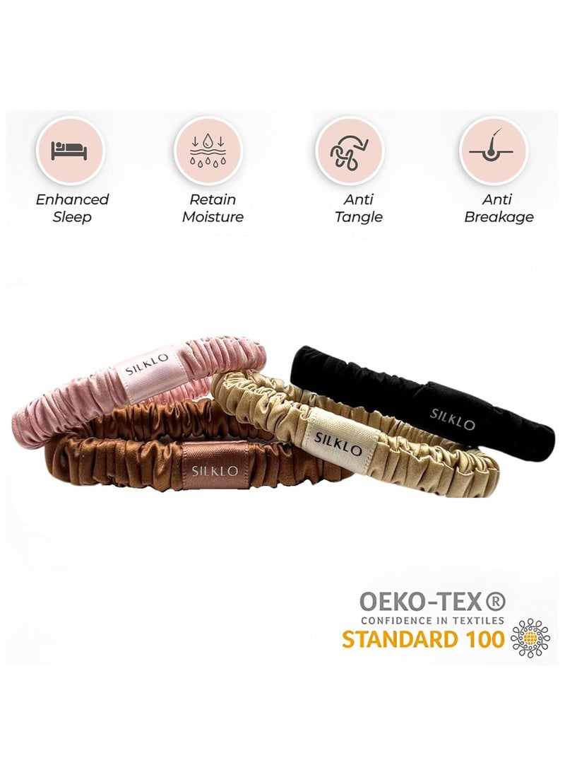Elaur Silklo Silk Scrunchies, 100% Pure Mulberry Hair Ties 22 Momme Anti Hair Loss No Breakage Anti Crease Anti Frizz 4Pcs (Black, Champagne, Pink, Brown)