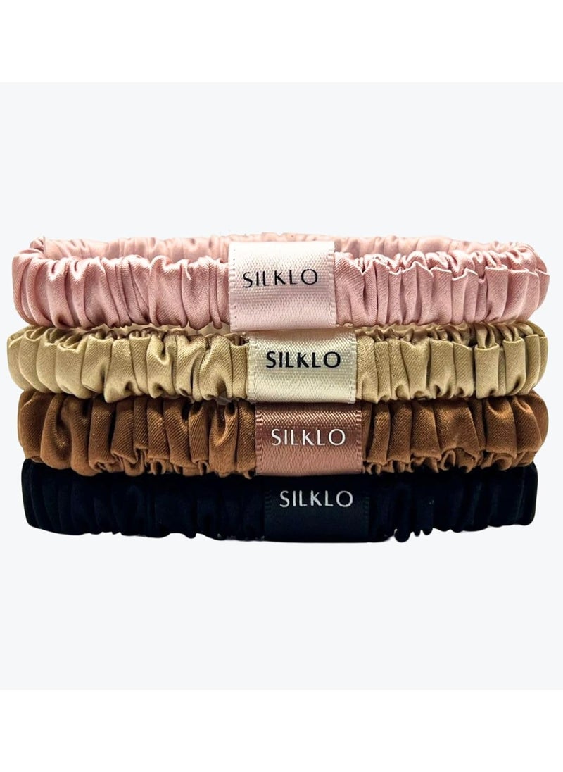 Elaur Silklo Silk Scrunchies, 100% Pure Mulberry Hair Ties 22 Momme Anti Hair Loss No Breakage Anti Crease Anti Frizz 4Pcs (Black, Champagne, Pink, Brown)