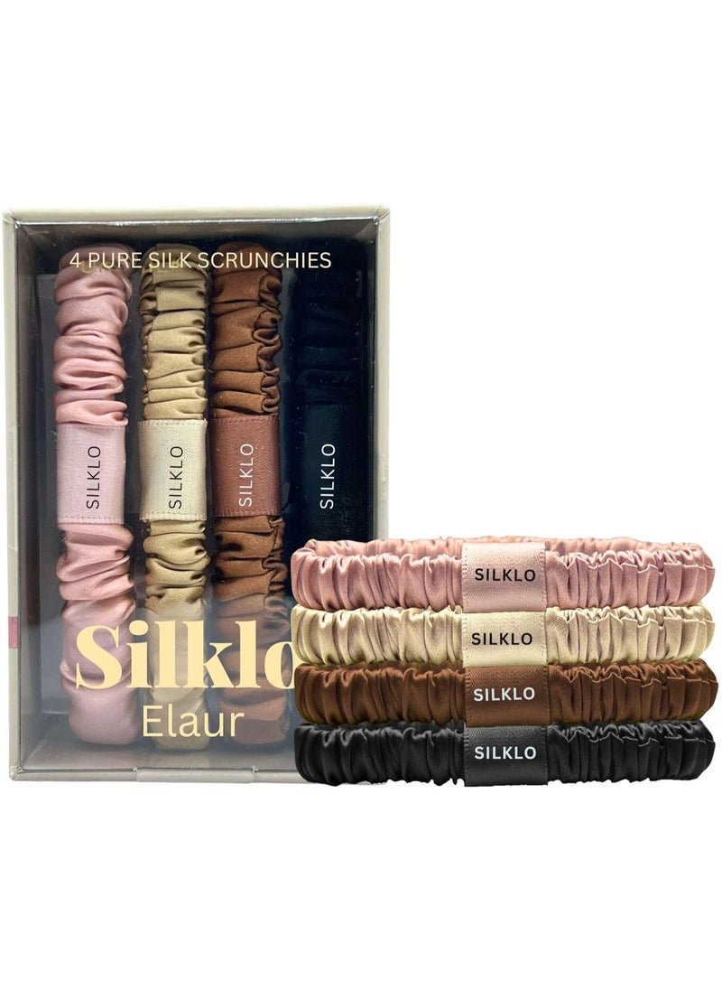 Elaur Silklo Silk Scrunchies, 100% Pure Mulberry Hair Ties 22 Momme Anti Hair Loss No Breakage Anti Crease Anti Frizz 4Pcs (Black, Champagne, Pink, Brown)
