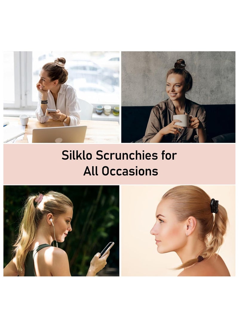 Elaur Silklo Silk Scrunchies, 100% Pure Mulberry Hair Ties 22 Momme Anti Hair Loss No Breakage Anti Crease Anti Frizz 4Pcs (Black, Champagne, Pink, Brown)
