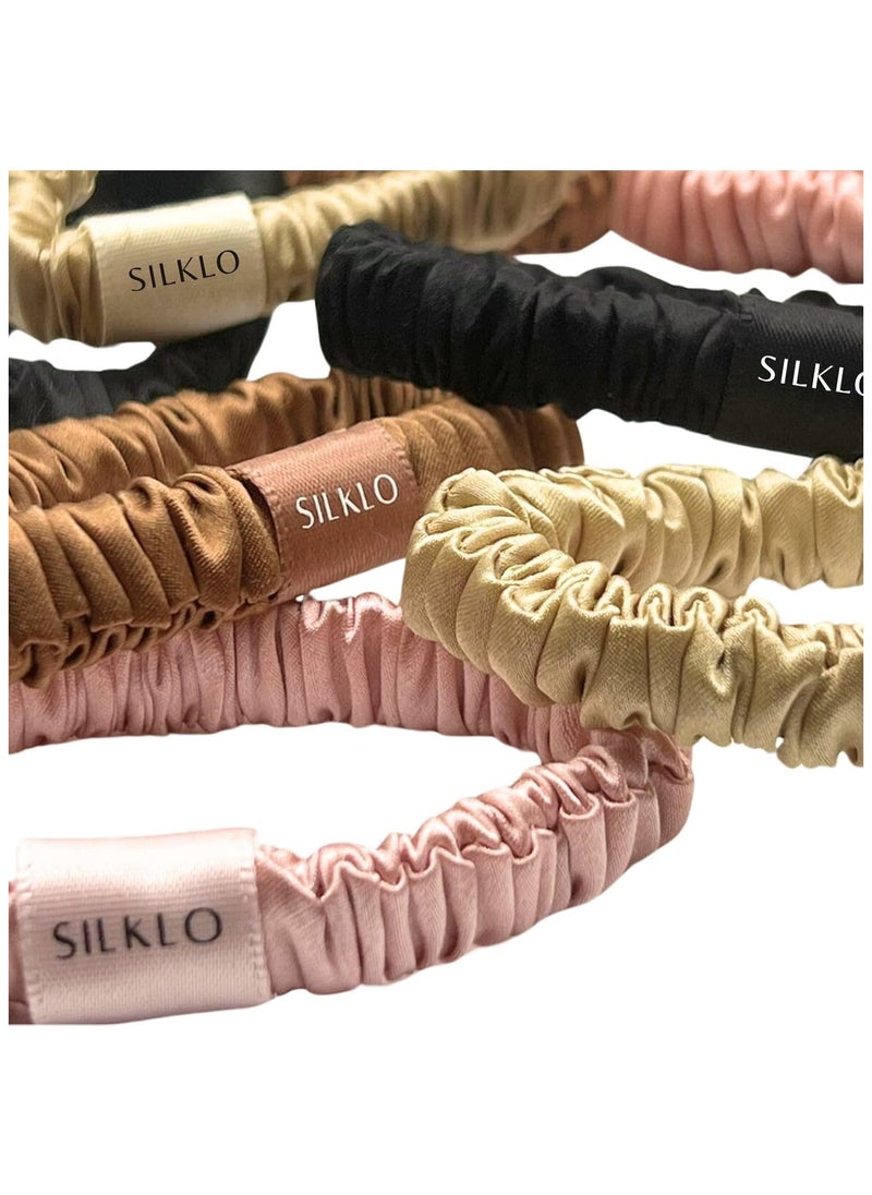 Elaur Silklo Silk Scrunchies, 100% Pure Mulberry Hair Ties 22 Momme Anti Hair Loss No Breakage Anti Crease Anti Frizz 4Pcs (Black, Champagne, Pink, Brown)