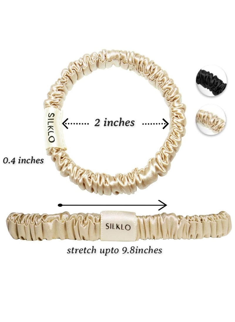 Elaur Silklo Silk Scrunchies, 100% Pure Mulberry Hair Ties 22 Momme Anti Hair Loss No Breakage Anti Crease Anti Frizz 4Pcs (Black, Champagne)