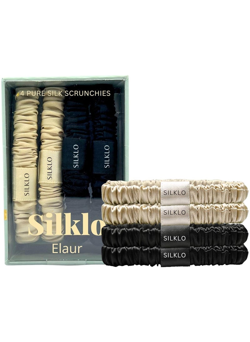 Elaur Silklo Silk Scrunchies, 100% Pure Mulberry Hair Ties 22 Momme Anti Hair Loss No Breakage Anti Crease Anti Frizz 4Pcs (Black, Champagne)