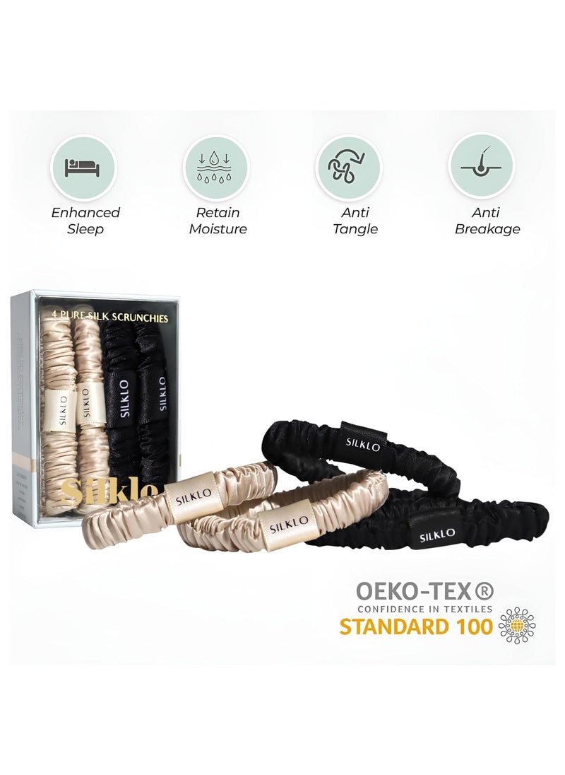 Elaur Silklo Silk Scrunchies, 100% Pure Mulberry Hair Ties 22 Momme Anti Hair Loss No Breakage Anti Crease Anti Frizz 4Pcs (Black, Champagne)