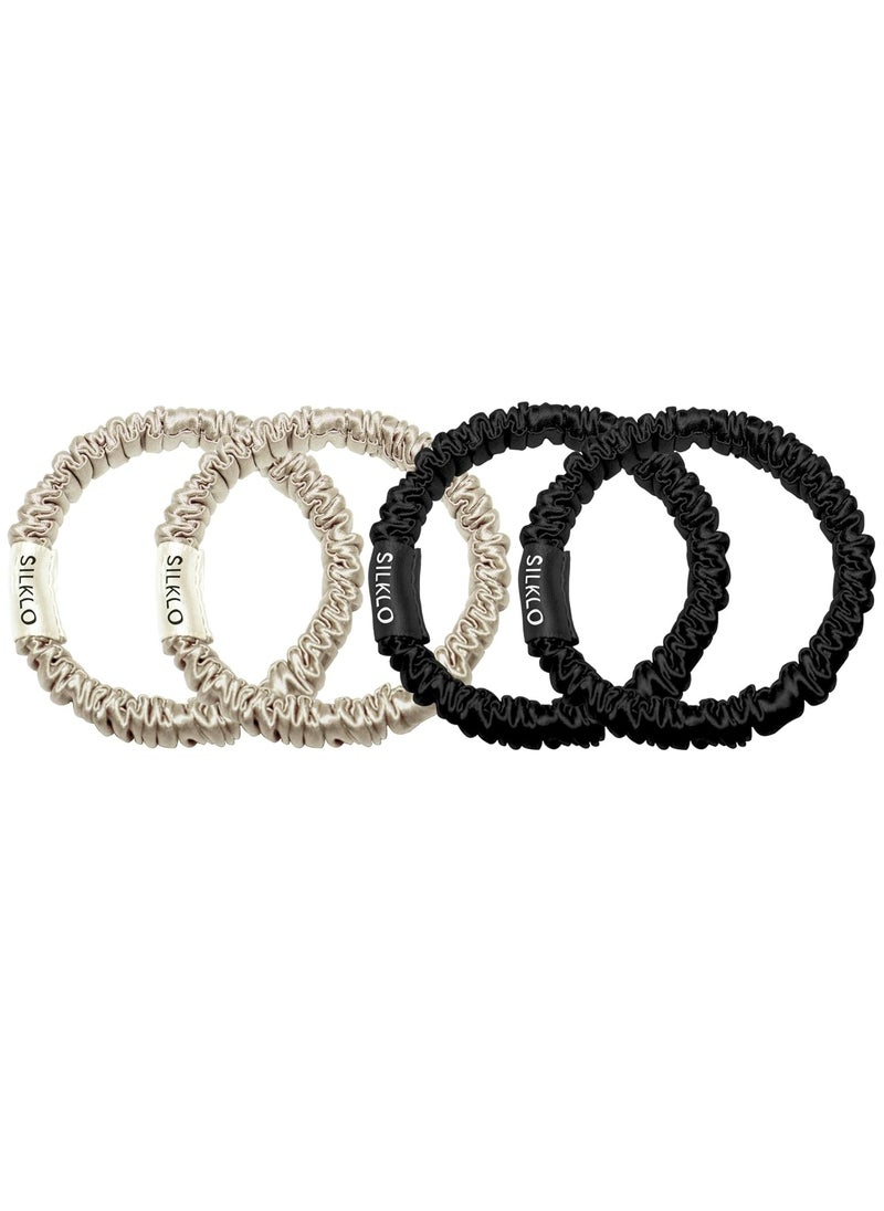 Elaur Silklo Silk Scrunchies, 100% Pure Mulberry Hair Ties 22 Momme Anti Hair Loss No Breakage Anti Crease Anti Frizz 4Pcs (Black, Champagne)