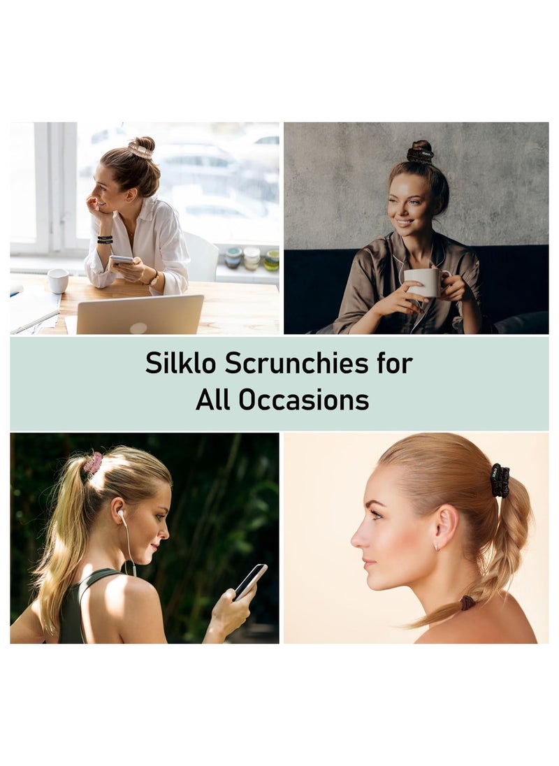 Elaur Silklo Silk Scrunchies, 100% Pure Mulberry Hair Ties 22 Momme Anti Hair Loss No Breakage Anti Crease Anti Frizz 4Pcs (Black, Champagne)
