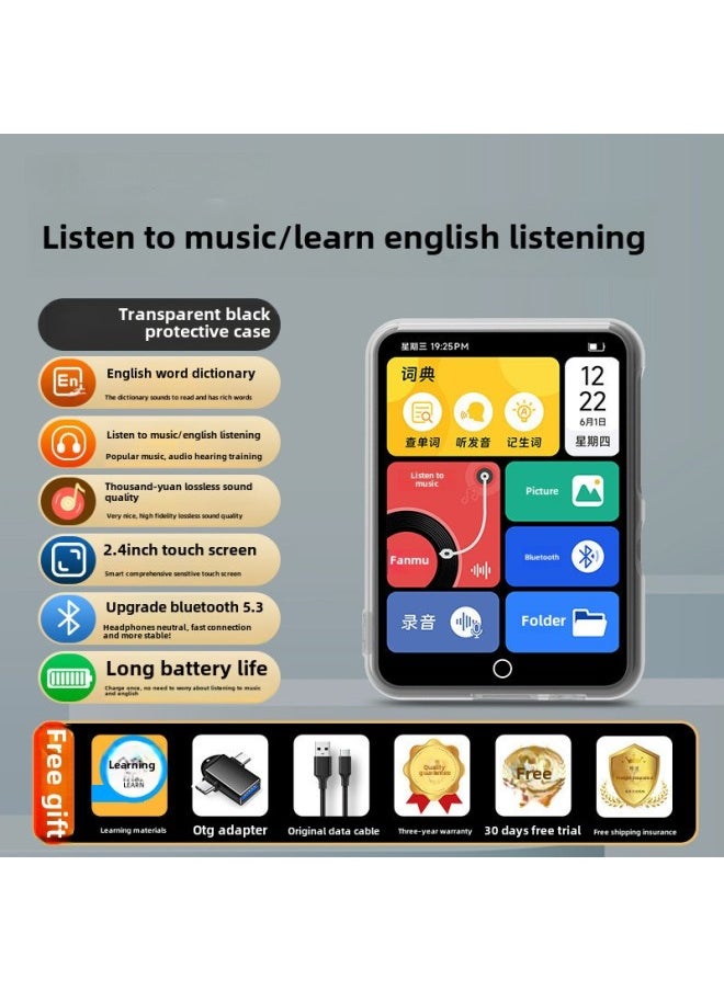 Fan Mu Walkman Student Edition Senior High School Students English Listening Music Player Bluetooth Listening Music-Body Color:[black Protective Case] 2.4 Hd Screen-english Dictionary#Learning Version-Memory Capacity:8gb [small Capacity] - Package 2: Host + Lossless Bluetooth Headset + Otg + Free Protective Case
