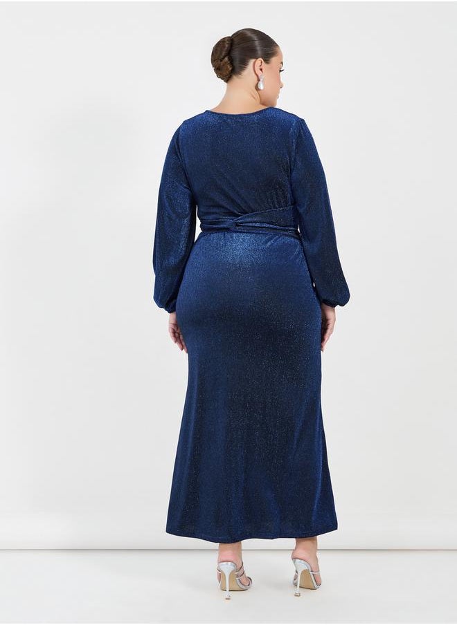 Plus Size Glitter Look Wrap Front Draped Maxi Dress