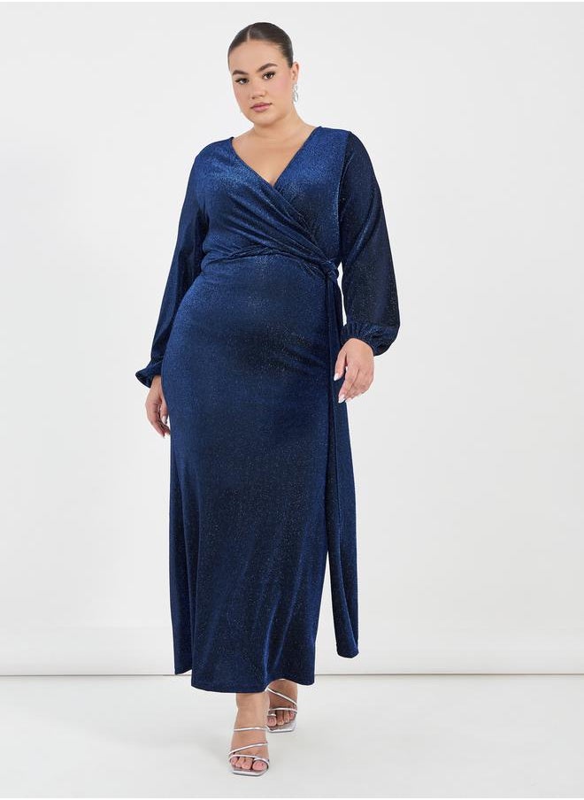 Plus Size Glitter Look Wrap Front Draped Maxi Dress