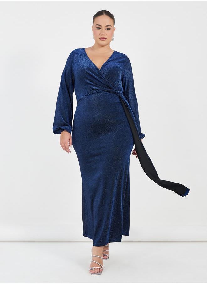 Plus Size Glitter Look Wrap Front Draped Maxi Dress