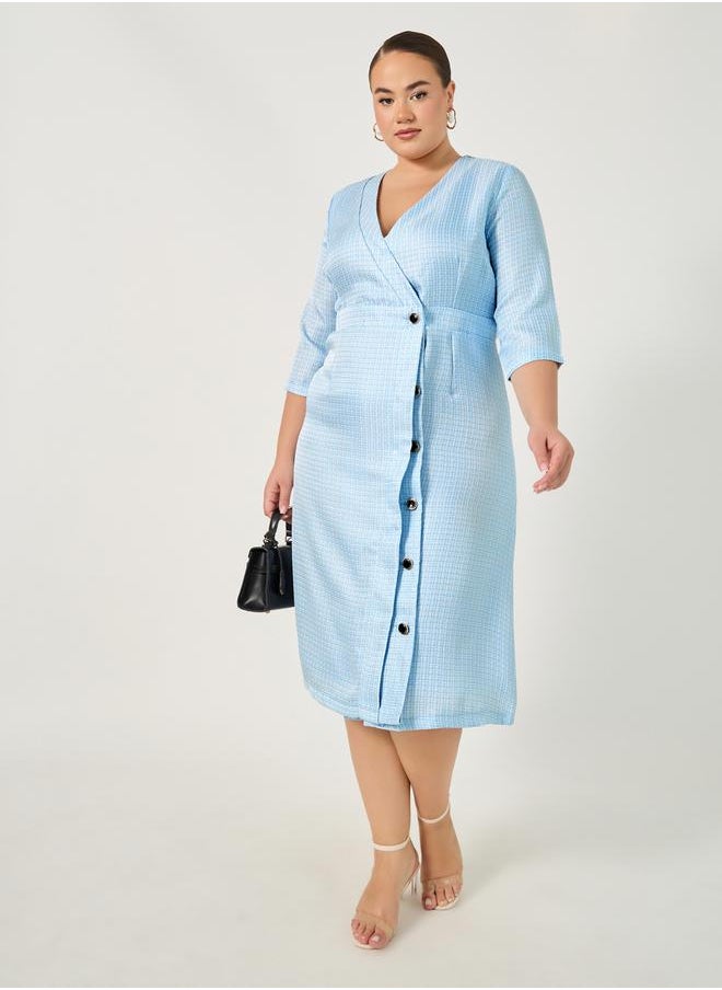 Plus Size Textured V-Neck Wrap Midi Dress
