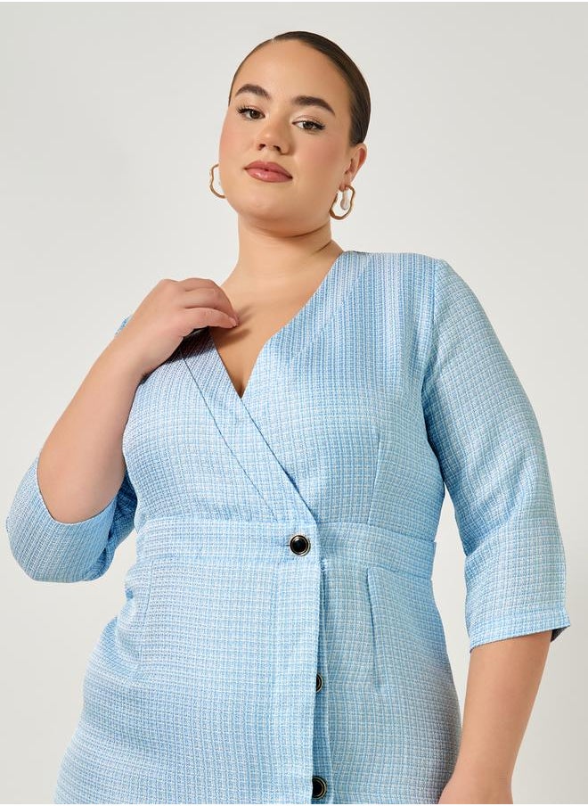 Plus Size Textured V-Neck Wrap Midi Dress