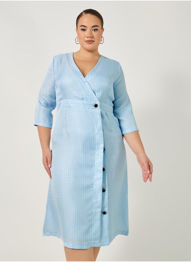 Plus Size Textured V-Neck Wrap Midi Dress