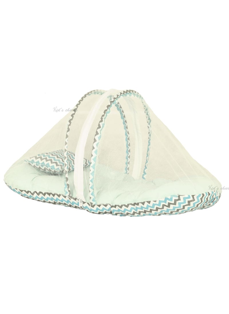 Kids Charm MegaZigzag Baby Bed with Thick Mattress Mosquito Net with Zip Closure Neck Pillow Baby Bedding for New Born Zigzag Print Baby Sleeping Bed for 4 to 8 Months Babies Blue