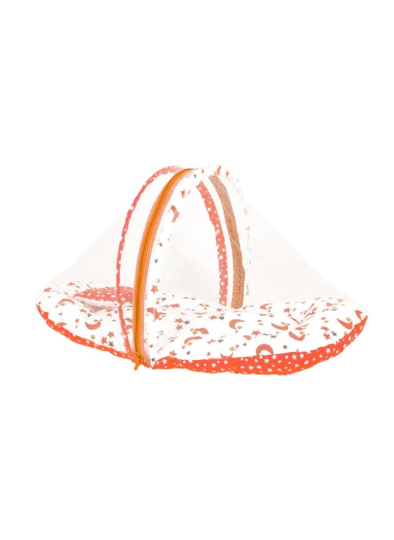 Kids Charm StarMoon Premium Baby Net Bed with Thick Mattress Mosquito Net with Zip Closure Neck Pillow Baby Bedding for New Born Baby Sleeping Bed Mega for 48 Months Babies Orange