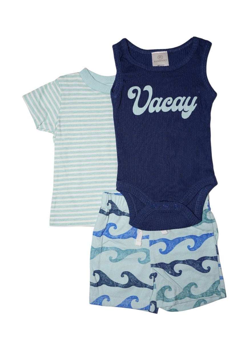 Bambimici Blue Beach Print  Baby BodySuit Set of 3