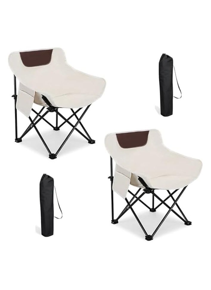 2 PCS Folding Moon Chair - Camping Chair with Side Pocket, Foldable Backpacking Chair Ultra Durable with Camping Light for BBQ, Hiking, Fishing, Picnic (White)
