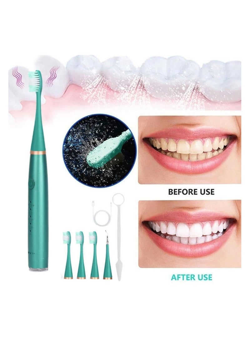 Electric Toothbrush Ultrasonic Tooth Cleaner, Teeth Stains & Plaque Remover, 6-in-1 Sonic Cleaning, IPX6 Waterproof, Long-lasting Battery (Green )