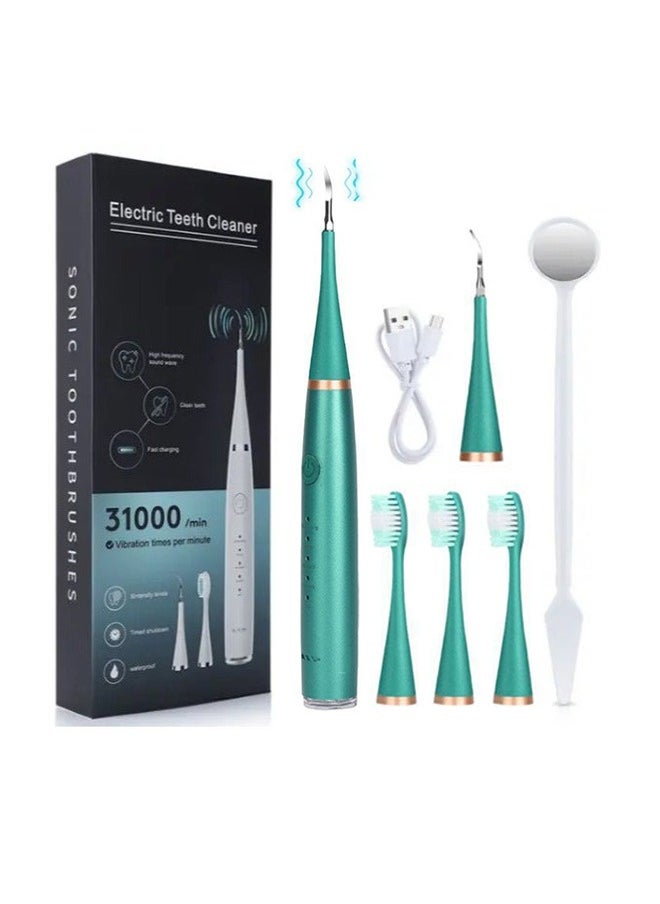 Electric Toothbrush Ultrasonic Tooth Cleaner, Teeth Stains & Plaque Remover, 6-in-1 Sonic Cleaning, IPX6 Waterproof, Long-lasting Battery (Green )