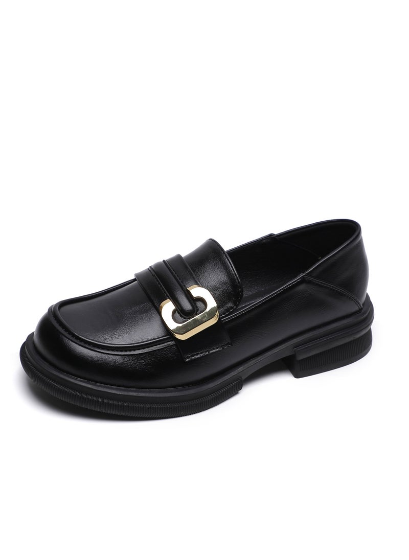 Small Round Toe Leather Shoes With Thick Soft Soles Black