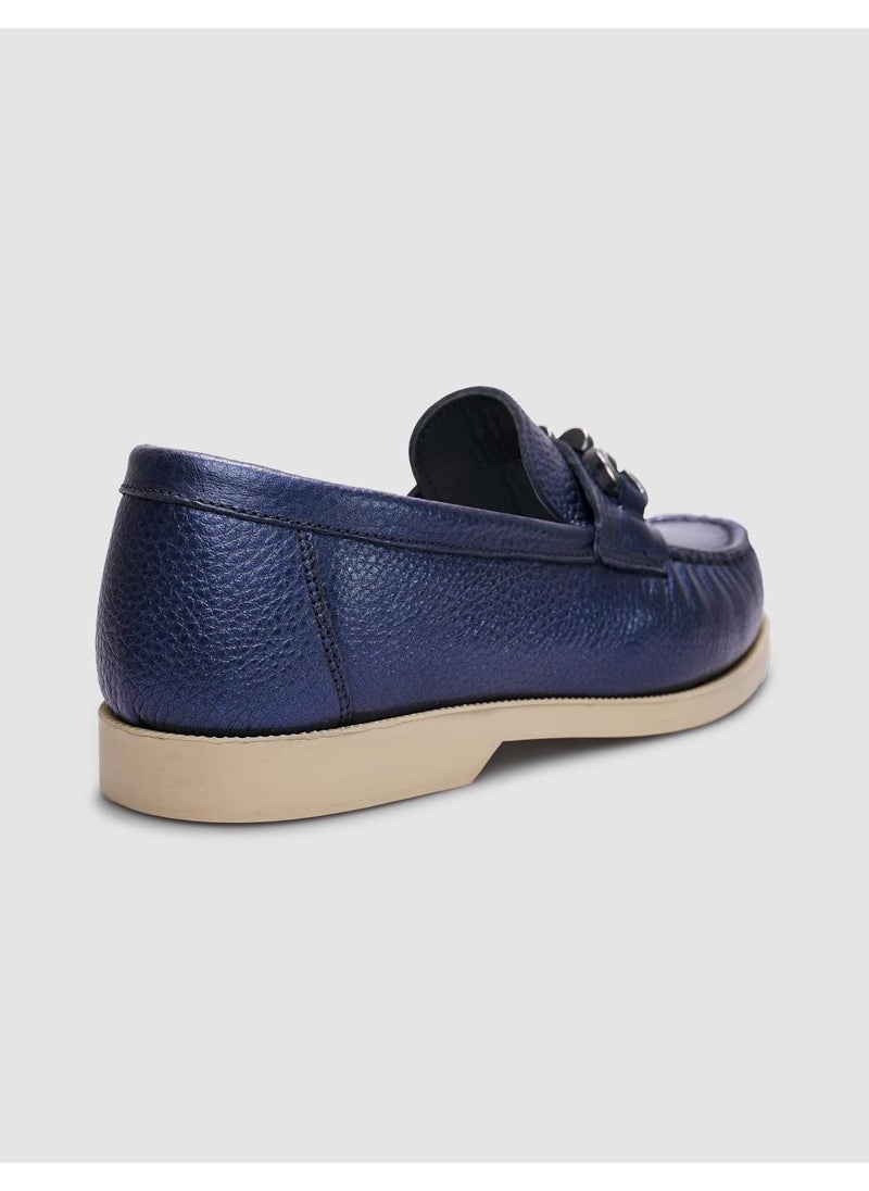 Genuine Leather Navy Blue Buckle Women's Casual Shoes