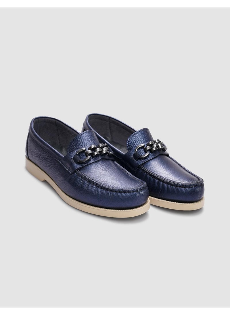 Genuine Leather Navy Blue Buckle Women's Casual Shoes