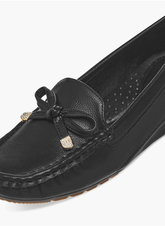 Women Slip-On Loafers with Wedge Heels and Bow Accent