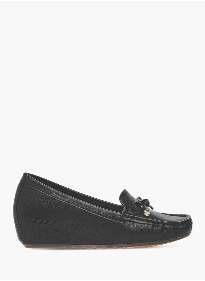 Women Slip-On Loafers with Wedge Heels and Bow Accent