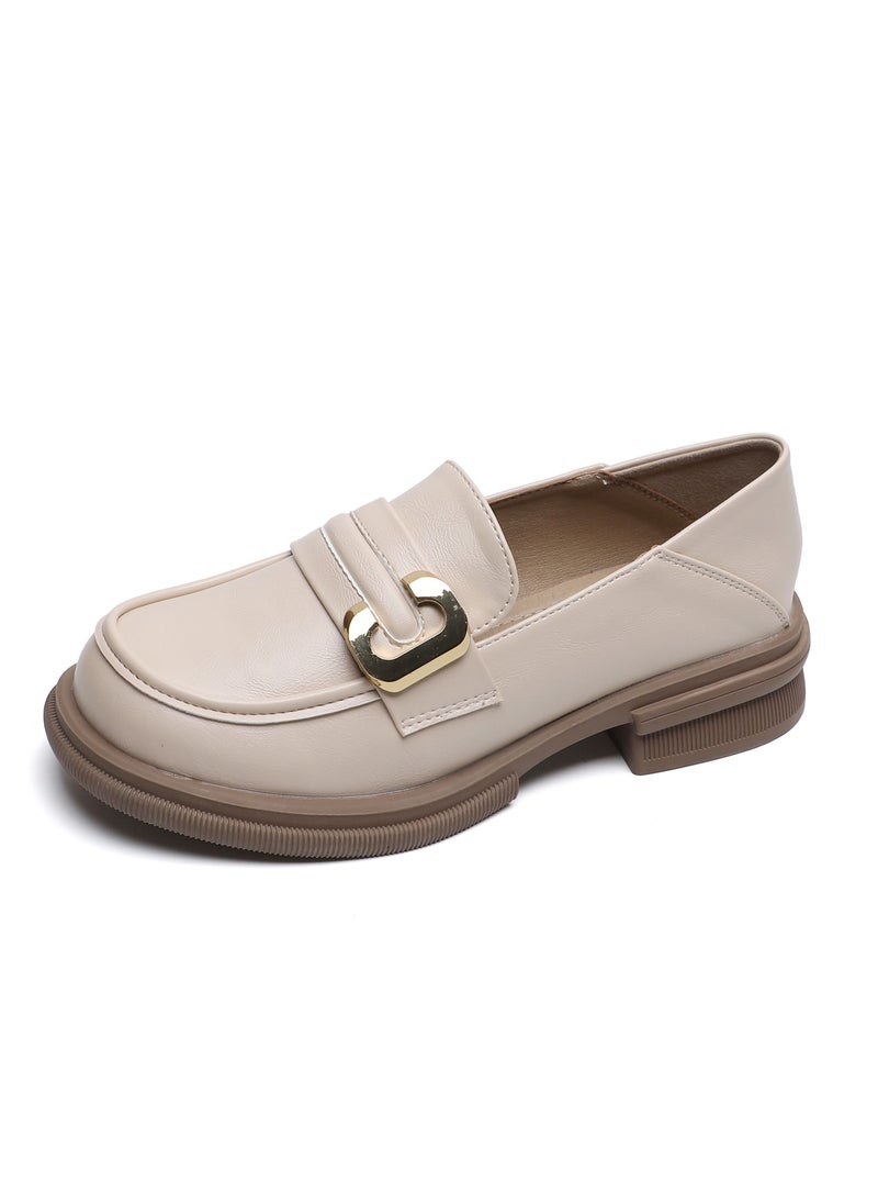 Small Round Toe Leather Shoes With Thick Soft Soles Beige