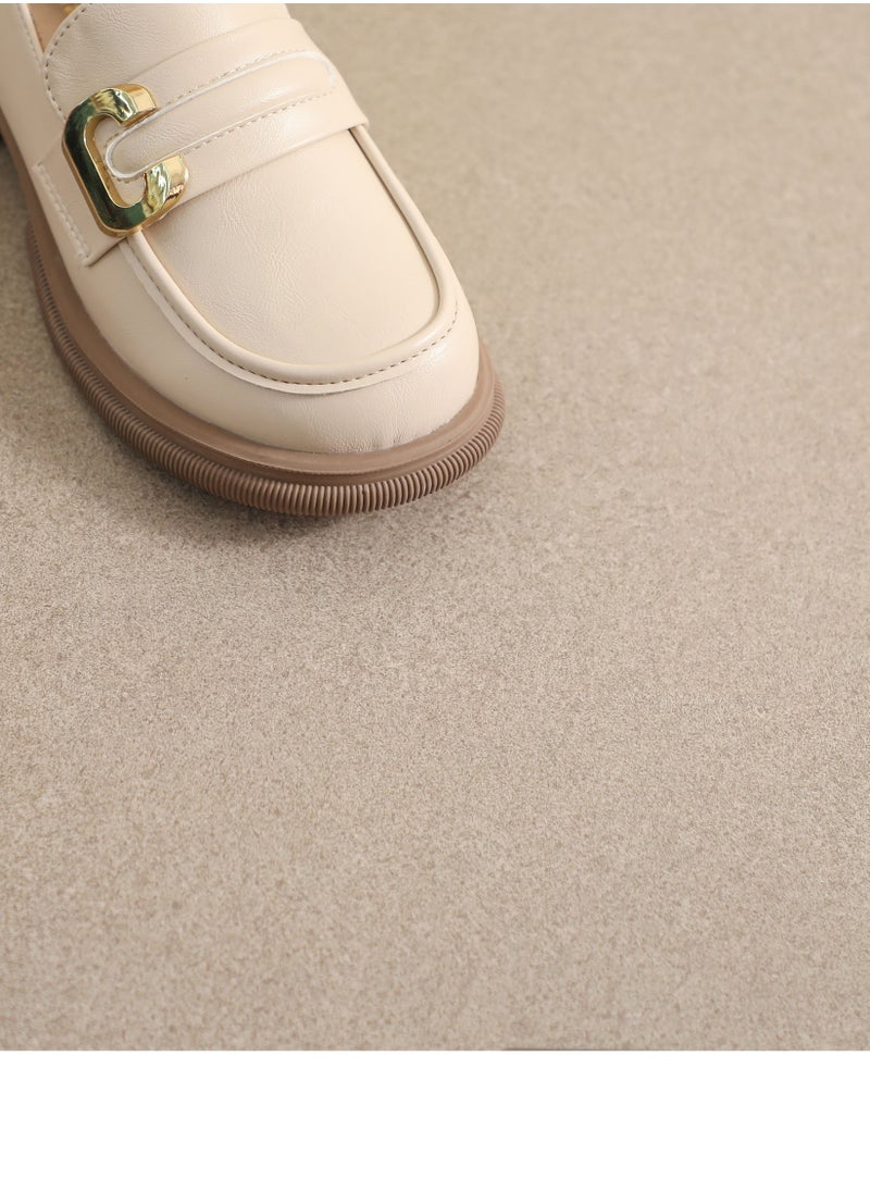 Small Round Toe Leather Shoes With Thick Soft Soles Beige