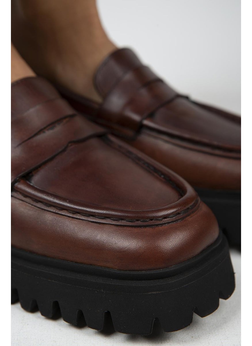 Cepmen Women's Leather Cornered Genuine Leather Loafer Tan Shoes