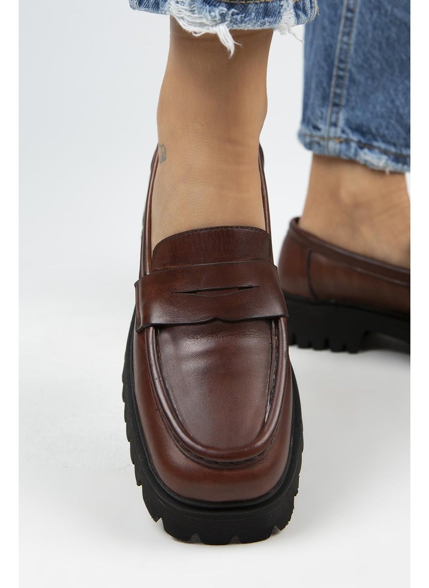 Cepmen Women's Leather Cornered Genuine Leather Loafer Tan Shoes