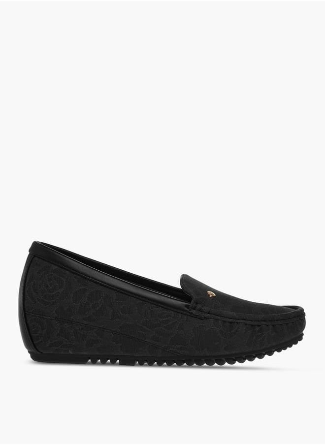 Women Floral Textured Slip-On Comfort Loafers with Wedge Heels
