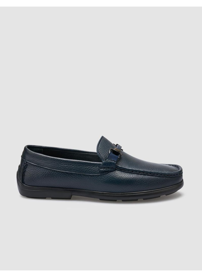 Leather Navy Blue Buckle Detailed Men's Loafer