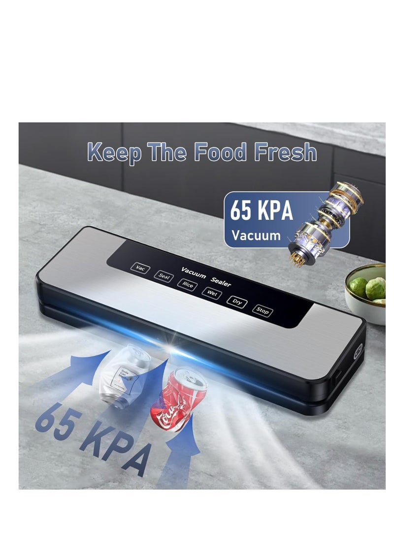 Vacuum Sealer, Food Vacuum Sealer Machine with 65 KPA Powerful Suction, 30MM Longer Seal Food Sealer for Dry and Moist Food Fresh Preservation with 10Pcs Vacuum Sealers Bags