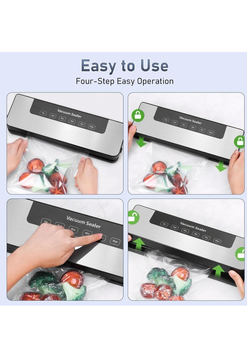 Vacuum Sealer, Food Vacuum Sealer Machine with 65 KPA Powerful Suction, 30MM Longer Seal Food Sealer for Dry and Moist Food Fresh Preservation with 10Pcs Vacuum Sealers Bags