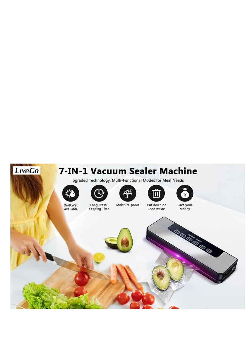 Vacuum Sealer, Food Vacuum Sealer Machine with 65 KPA Powerful Suction, 30MM Longer Seal Food Sealer for Dry and Moist Food Fresh Preservation with 10Pcs Vacuum Sealers Bags