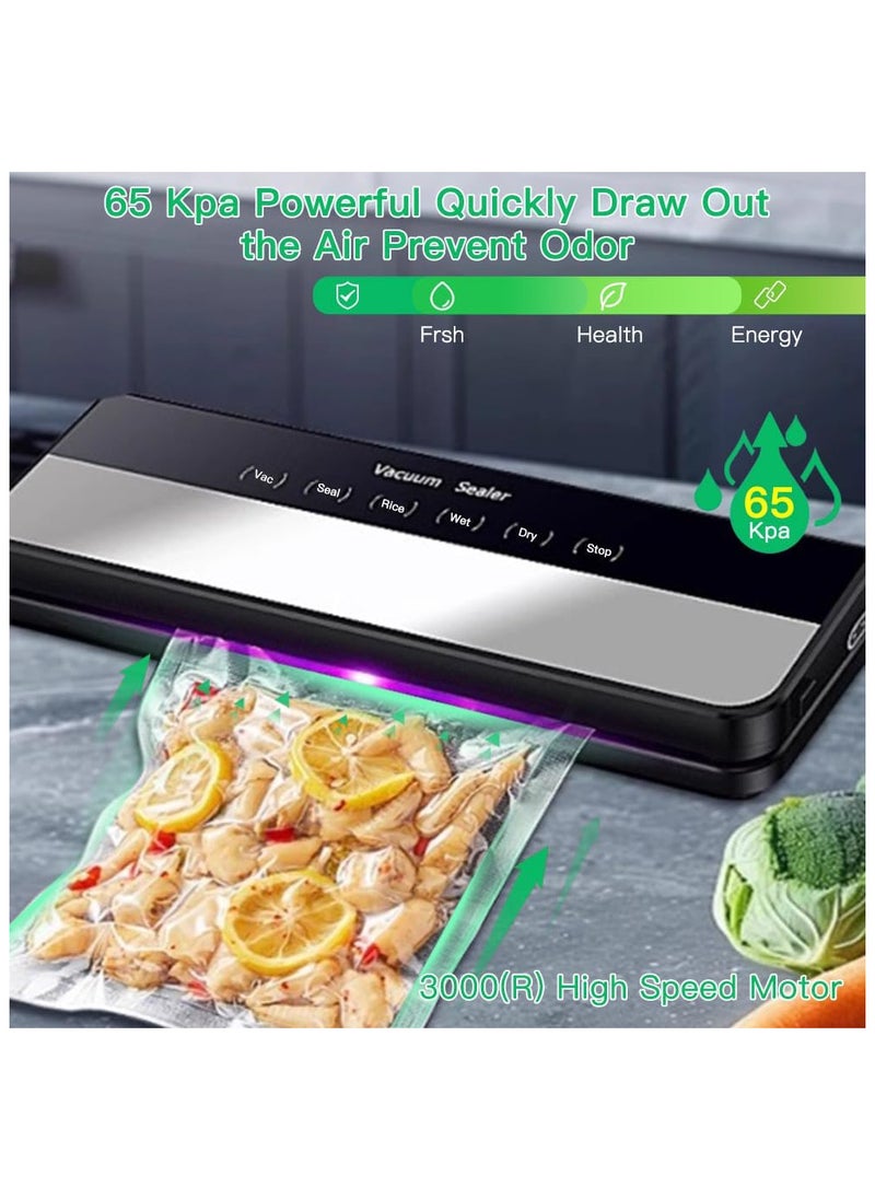 5-in-1 Food Vacuum Sealer Machine with 65KPA Powerful Suction, Dry and Moist Food Fresh Sealing Machine with 10 Vacuum Bags for Meat, Vegetables, Millet (Black)