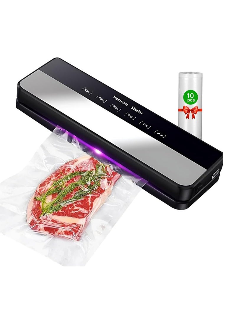 5-in-1 Food Vacuum Sealer Machine with 65KPA Powerful Suction, Dry and Moist Food Fresh Sealing Machine with 10 Vacuum Bags for Meat, Vegetables, Millet (Black)