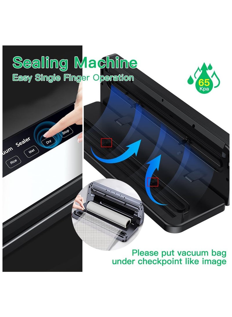5-in-1 Food Vacuum Sealer Machine with 65KPA Powerful Suction, Dry and Moist Food Fresh Sealing Machine with 10 Vacuum Bags for Meat, Vegetables, Millet (Black)