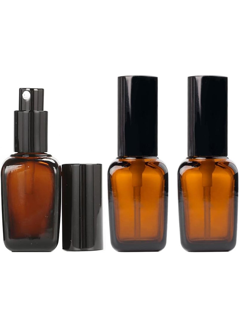 3PCS Amber Square Glass Lotion Bottle Refillable Pump Bottles Travel Containers for Soap Shampoo Conditioner (100ML)