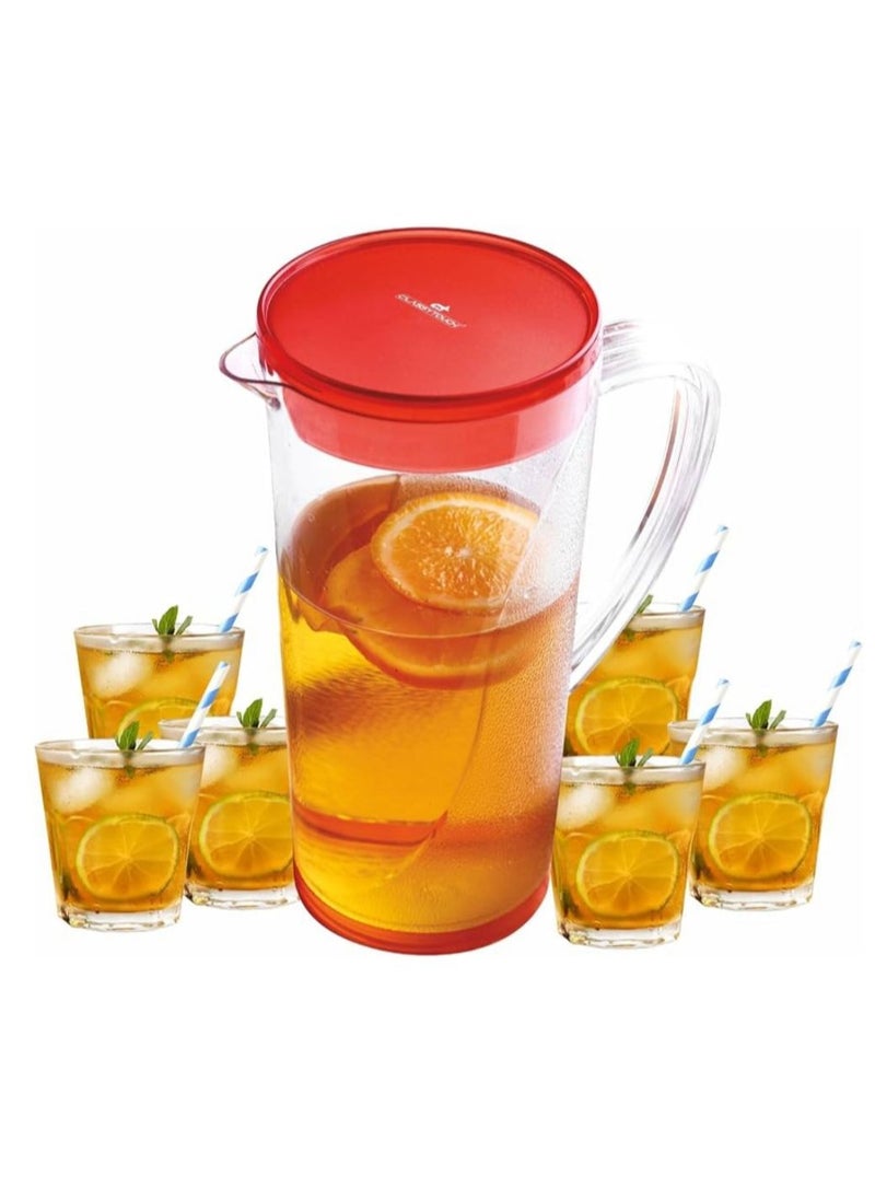 Classy Touch CT-1238 7-in-1 Round Jug and Tumblers Set - 1200ml Water Pitcher with Lid and 6 Cups, Perfect for Tea, Juice, Cold Drinks.