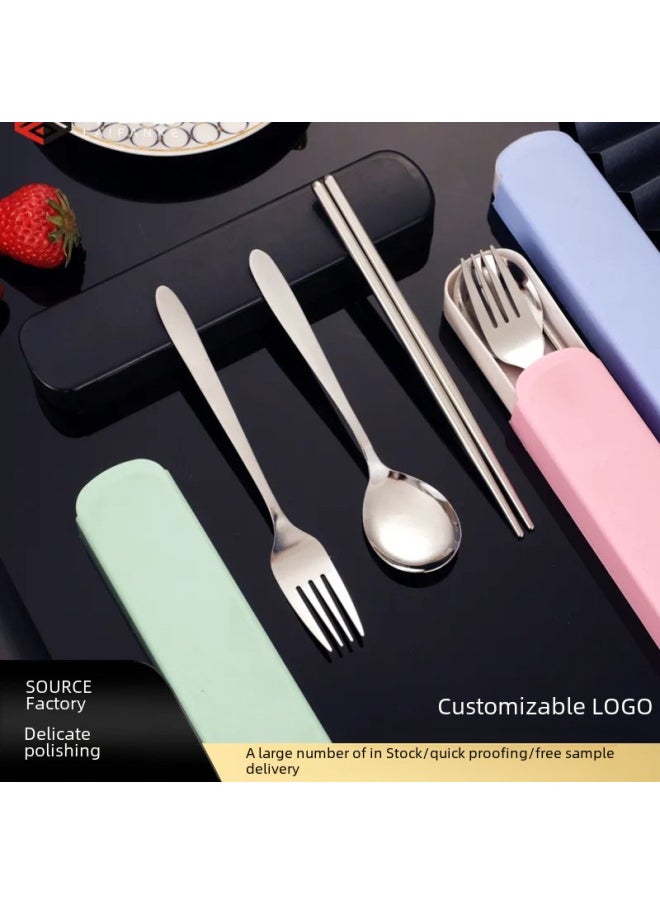 Stainless Steel Tableware Set Gift Logo Student Outdoor Portable Tableware Set Of Three Forks Chopsticks Spoon Set-Specifications:One-piece Box  Blue 3-piece Set