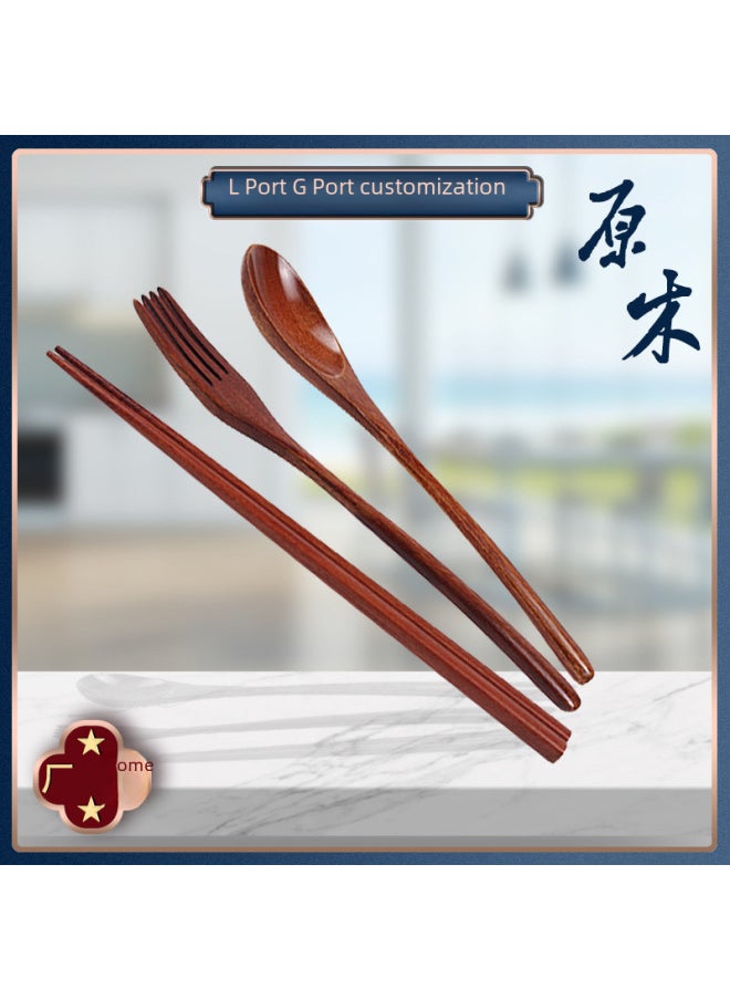 Soup Spoon Nanmu Spoon And Fork Chopsticks Three-piece Set Household Tableware Chopsticks Spoon Japanese Wooden Spoon Wooden Fork Wooden Chopsticks-Specifications:Fork Spoon Chopsticks Set Tied With Red Line