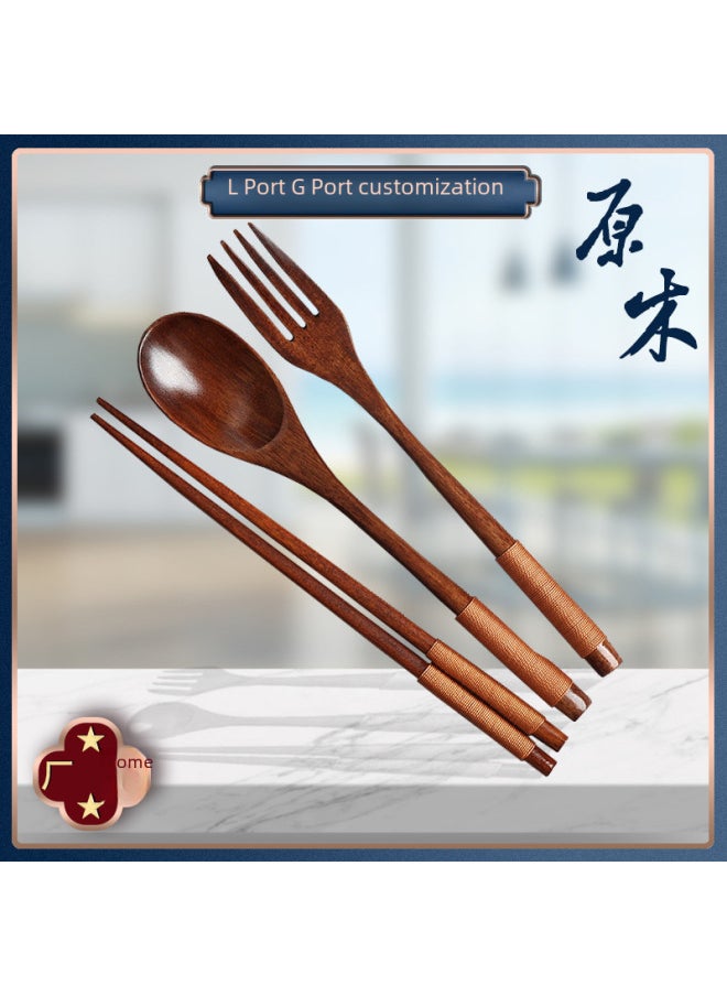 Soup Spoon Nanmu Spoon And Fork Chopsticks Three-piece Set Household Tableware Chopsticks Spoon Japanese Wooden Spoon Wooden Fork Wooden Chopsticks-Specifications:Fork Spoon Chopsticks Set Tied With Red Line