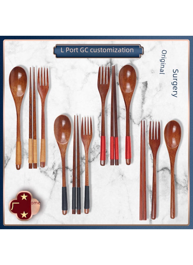 Soup Spoon Nanmu Spoon And Fork Chopsticks Three-piece Set Household Tableware Chopsticks Spoon Japanese Wooden Spoon Wooden Fork Wooden Chopsticks-Specifications:Fork Spoon Chopsticks Set Tied With Red Line