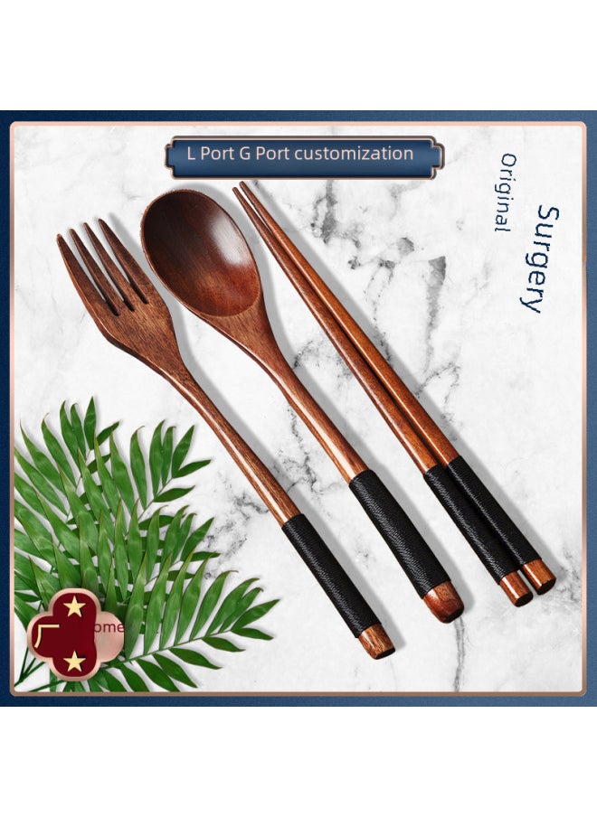 Soup Spoon Nanmu Spoon And Fork Chopsticks Three-piece Set Household Tableware Chopsticks Spoon Japanese Wooden Spoon Wooden Fork Wooden Chopsticks-Specifications:Fork Spoon Chopsticks Set Tied With Red Line